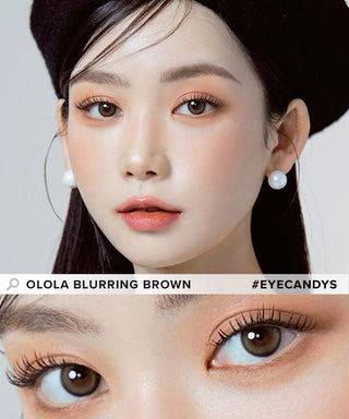 Model showcasing the natural look using Olola Blurring Brown prescription color contacts, above a closeup of a pair of eyes transformed by the color contact lenses