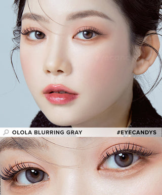 Model showcasing the natural look using Olola Blurring Grey prescription color contacts, above a closeup of a pair of eyes transformed by the color contact lenses