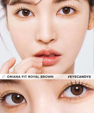 Model showcasing the natural look using i-Sha Oriana Fit Royal Brown prescription colored contact lenses, above a closeup of a pair of eyes enhanced and widened by the circle lenses.
