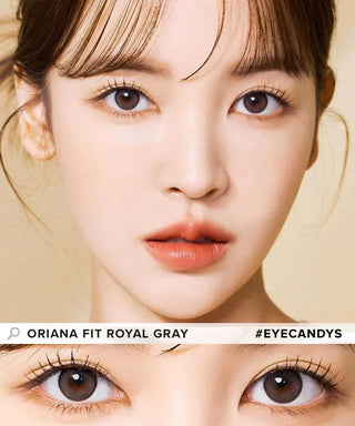 Model showcasing the natural look using i-Sha Oriana Fit Royal Grey prescription colored contact lenses, above a closeup of a pair of eyes enhanced and widened by the circle lenses.