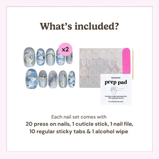 EyeCandys nail kit contents showing 20 press on nails, reusable adhesive tabs, cuticle stick, nail file, and alcohol wipe for complete manicure set.