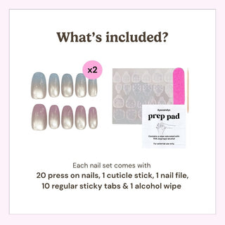 EyeCandys press on nails kit showing 20 reusable nails, cuticle stick, nail file, 10 sticky tabs, and alcohol wipe included in every set.