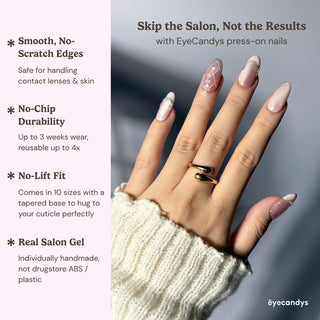 Hand wearing EyeCandys Ballet Slippers press on nails with feminine nude pink design, quilted texture, and pearl outlining.