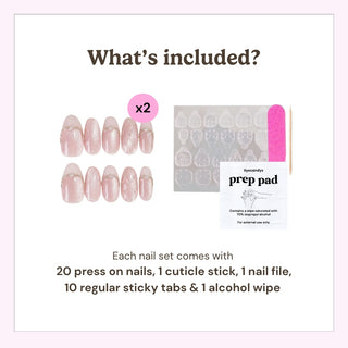 EyeCandys press on nails package contents showing 20 press-on nails, cuticle stick, nail file, alcohol prep pads, and 20 sticky tabs.