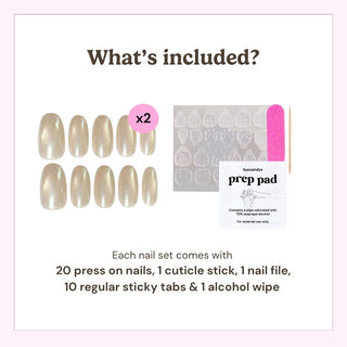 EyeCandys press on nails package contents showing 20 press-on nails, cuticle stick, nail file, alcohol prep pads, and 20 sticky tabs.