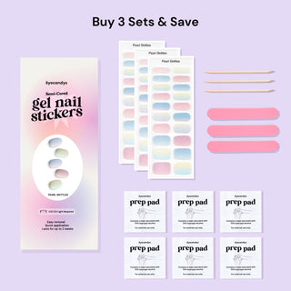 EyeCandys Pearl Skittles Gel Nail Sticker set includes alcohol prep pads, a wooden stick, and a nail file for easy application. This all-in-one kit ensures a smooth, long-lasting manicure with minimal effort. Perfect for at-home use, these gel nail stickers offer a chip-free finish and come with essential tools for flawless results.