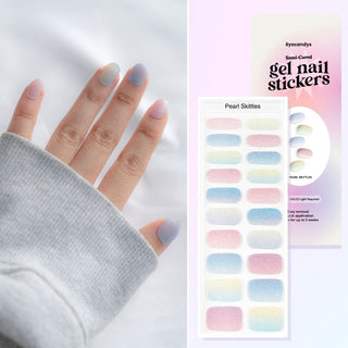 Collage of hand model showcasing the Gel Nail Sticker Pearl Skittles Design and a flatlay image of the same sticker strip together with the packaging on the side. 