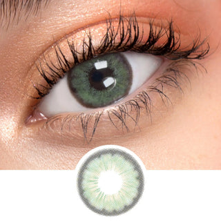 Close-up of eye wearing EyeCandys Pink Label Angel green prescription colored contact lenses, shown with lens design – vibrant green color contact lenses for a natural, enhanced look.