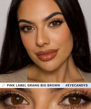 A female model with natural dark eyes wearing Pink Label Grang Big Brown contact lenses, complemented by subtle eyeshadow and peach lip gloss and Close-up image showcases the model's eyes adorned with the same brown contact lenses