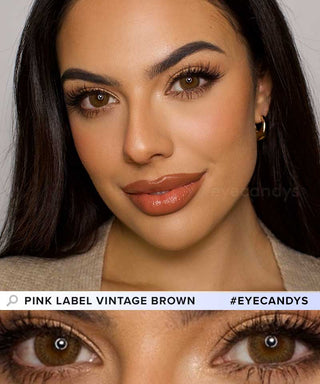 A female model with natural dark eyes wearing Pink Label Vintage brown contact lenses, complemented by subtle eyeshadow and peach lip gloss and Close-up image showcases the model's eyes adorned with the same brown contact lenses