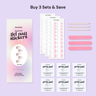 EyeCandys Pink Candy Gel Nail Sticker set includes alcohol prep pads, a wooden stick, and a nail file for easy application. This all-in-one kit ensures a smooth, long-lasting manicure with minimal effort. Perfect for at-home use, these gel nail stickers offer a chip-free finish and come with essential tools for flawless results.