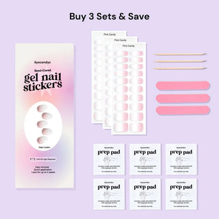 EyeCandys Pink Candy Gel Nail Sticker set includes alcohol prep pads, a wooden stick, and a nail file for easy application. This all-in-one kit ensures a smooth, long-lasting manicure with minimal effort. Perfect for at-home use, these gel nail stickers offer a chip-free finish and come with essential tools for flawless results.