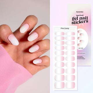 Collage featuring a hand model showcasing the EyeCandys Gel Nail Sticker Pink Candy design, along with an overhead image of the same sticker strip and packaging. Perfect for effortless, glamorous nail art with long-lasting wear