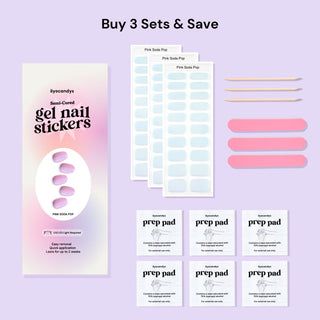 EyeCandys Pink Soda Pop Gel Nail Sticker set includes alcohol prep pads, a wooden stick, and a nail file for easy application. This all-in-one kit ensures a smooth, long-lasting manicure with minimal effort. Perfect for at-home use, these gel nail stickers offer a chip-free finish and come with essential tools for flawless results.