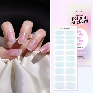 Collage of hand model showcasing the Gel Nail Sticker Pink Soda Pop Design and a flatlay image of the same sticker strip together with the packaging on the side. 