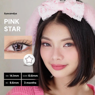 Model’s face wearing EyeCandys Pink Star colored contact lens – pastel pink star design aligns perfectly on the iris, giving a dreamy, doll-eyed sparkle with subtle enlargement.