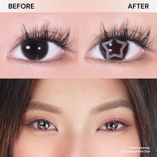 Collage showing close-up of eye with long lashes before and after wearing EyeCandys Pink Star contact lens, with both eyes wearing the pastel pink star lenses below – dreamy, doll-eyed effect with subtle iris enlargement and sparkling detail.