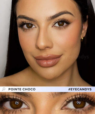 A female model with natural dark eyes wearing Pink Label Pointe Choco contact lenses, complemented by subtle eyeshadow and redlipstick and Close-up image showcases the model's eyes adorned with the same brown contact lenses