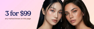 Two female models wearing Eyecandys grey and green colored contact lenses, showcasing natural aesthetic eye enhancement with soft beauty look