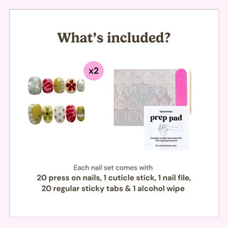 Image displays EyeCandys Pucker Up Press-On Nails: two sets of handmade designs, sticky tabs, pink nail file, and alcohol wipe. Text lists each reusable nail and accessory for a salon-quality gel manicure at home.