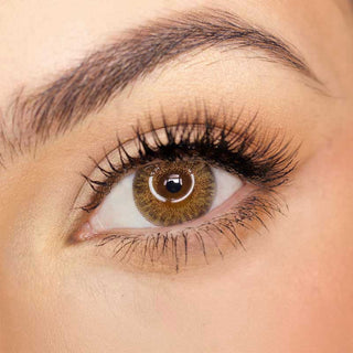 Pink Label Fresh Look Pure Hazel color contact lens on top of a dark eye paired with subtle eye makeup and curled wispy eyelashes