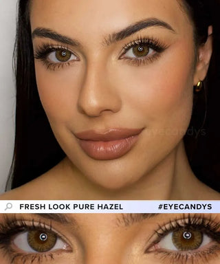 A female model with natural dark eyes wearing Pink Label Fresh Look Pure Hazel  contact lenses, complemented by subtle eyeshadow and redlipstick and Close-up image showcases the model's eyes adorned with the same hazel contact lenses