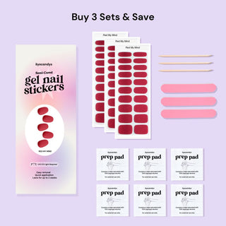 EyeCandys Red My Mind Gel Nail Sticker set includes alcohol prep pads, a wooden stick, and a nail file for easy application. This all-in-one kit ensures a smooth, long-lasting manicure with minimal effort. Perfect for at-home use, these gel nail stickers offer a chip-free finish and come with essential tools for flawless results.