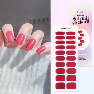 Collage of hand model showcasing the Gel Nail Sticker Red My Mind Design and a flatlay image of the same sticker strip together with the packaging on the side. 