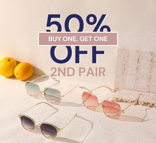 Photo of 3 sunglasses with different colors and design. Text on the upper part of that says buy 1, get the 2nd pair at 50% off.