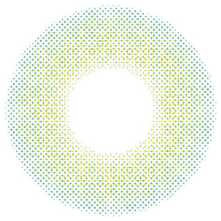A ring of small green and yellow dots forms a circular pattern with a white center, similar to N's Collection Saba Teishoku Green contacts, creating a gradient from dense edges to sparse dots near the middle.