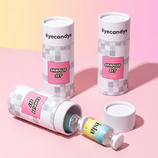 EyeCandys box and sampler set packaging with Amelie and Glossy prescription colored contact lenses vials – premium color contact lenses for daily wear.