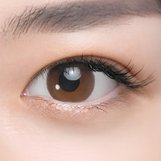 Close-up of eye wearing EyeCandys Seed Coffret First Make Brown (10pk) prescription colored contact lens, natural warm brown iris with dual-tone gradient and soft-focus finish, Japanese daily disposable contact lens for dark eyes