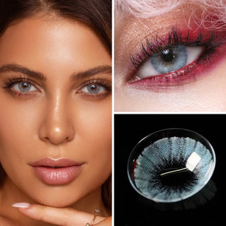 Close-up collage featuring a model wearing EyeCandys Shade Blue Colored Contacts, highlighting the vibrant blue hue with subtle detail, an eye makeup look showcasing the lens in a creative setting, and a detailed view of the contact lens design.