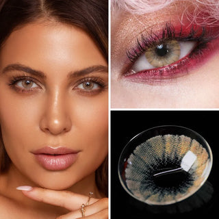 Close-up collage featuring a model wearing EyeCandys Shade brown Colored Contacts, highlighting the vibrant brown hue with subtle detail, an eye makeup look showcasing the lens in a creative setting, and a detailed view of the contact lens design.