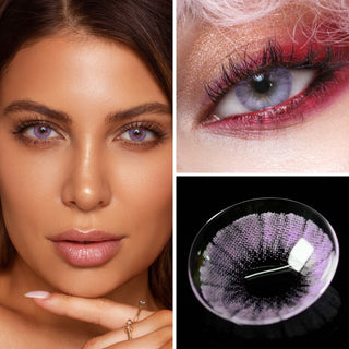 Collage featuring EyeCandys Pink Label Shade Violet Colored Contacts on a model, showcasing the detailed purple shade with a natural look, an eye close-up wearing the lens, and a detailed view of the contact lens design.