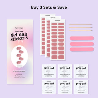 EyeCandys Shortcake Gel Nail Sticker set includes alcohol prep pads, a wooden stick, and a nail file for easy application. This all-in-one kit ensures a smooth, long-lasting manicure with minimal effort. Perfect for at-home use, these gel nail stickers offer a chip-free finish and come with essential tools for flawless results.