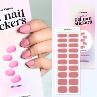 Collage of hand model showcasing the Gel Nail Sticker Shortcake Design and a flatlay image of the same sticker strip together with the packaging on the side. 