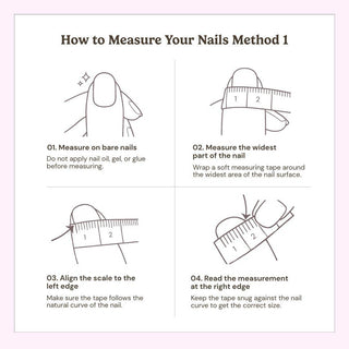 EyeCandys’ Silver Spotted Press-On Nails include an illustrated guide showing how to measure your bare nails with a tape measure—wrap across the widest part, align to the left edge, and note the measurement at the right edge.