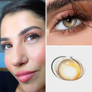 Close-up of a model wearing EyeCandys Sunlit Hazel colored contacts, highlighting the warm hazel tones that enhance the natural eye color with a subtle and radiant look.