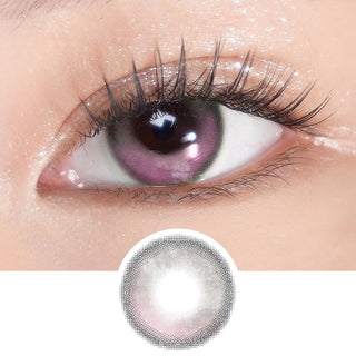 Eye with long lashes showcasing EyeCandys Sunlit Pink Brown colored prescription lens – warm pink-brown effect with soft limbal ring and full iris coverage. Lens design included below.