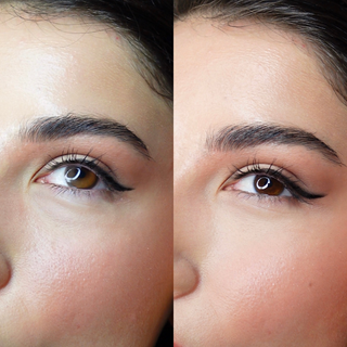 Eye of model wearing Sunlit Hazel contact lenses on top of a dark iris, with natural brown eyeshadow and wispy eyelashes. On the left site the same model without the lenses