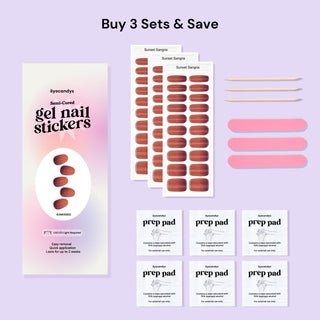 3-set package of EyeCandys Sunset Sangria Gel Nail Stickers, complete with prep pads, sticks, and a nail file. Featuring a beautiful brown and red ombre design with glitter accents, this all-in-one kit is perfect for achieving a glamorous, long-lasting gel manicure. Ideal for gel nail enthusiasts, offering easy application and professional results