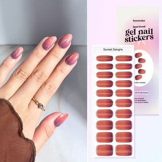 "EyeCandys Sunset Sangria Gel Nail Stickers—the perfect blend of fun and sparkly! A stunning choice for Valentine's Day nails, February nail ideas, and trendy pink nails. These long-lasting, 7-free, allergy-friendly gel stickers cure in sunlight in just 5-10 minutes for a salon-quality manicure at home