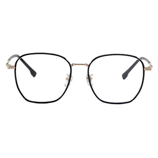 The EyeCandys Therese Oversized Square features thin black TR and metal frames, clear lenses, gold accents on the nose bridge and hinges, and black plastic temple tips, shown against a white background.