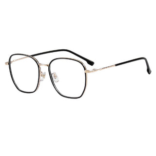 The EyeCandys Therese Oversized Square features lightweight gold TR and metal frames, black lens rims, clear nose pads, and black-tipped arms. Shown on a white background.