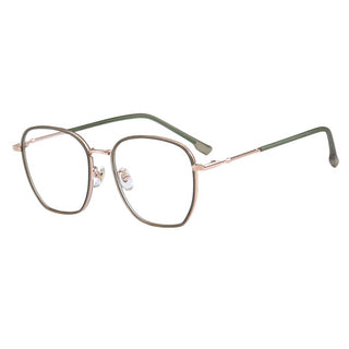 The Therese Oversized Square by EyeCandys features large square lenses, thin gold metal frames, lightweight design, adjustable nose pads, and olive green temple arms.