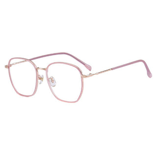 The EyeCandys Therese Oversized Square features large pink TR and metal frames, thin gold temples, clear nose pads, and pink temple tips. The lightweight glasses are angled on a white background.