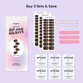 Buy 3 sets of EyeCandys Gel Nail Stickers and save! Each set includes 1 strip of 20 nail stickers, 2 alcohol prep pads, 1 wooden stick, and 1 nail file. Perfect for semi-cured gel nail strips and learning how to do gel nails at home with UV light.