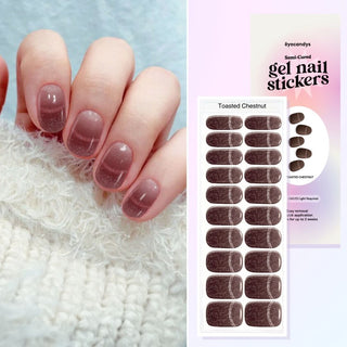 Collage of hand model showcasing the Gel Nail Sticker Toasted Chestnut Design and a flatlay image of the same sticker strip together with the packaging on the side. 