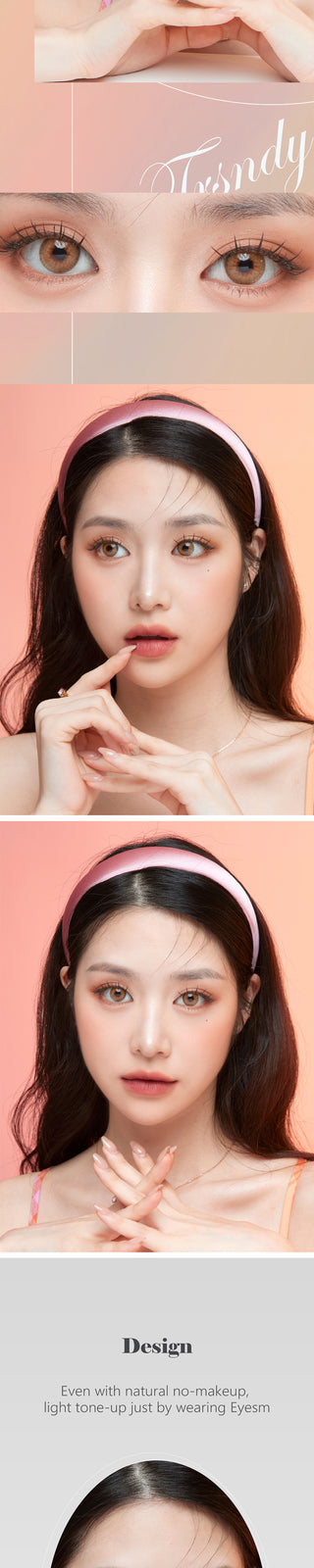 Several views of a Korean model with the Toffee Brown color contact lenses. An enlargement of a model's eyes with the prescription colored contacts, demonstrating the subtle yet striking change on dark eyes.